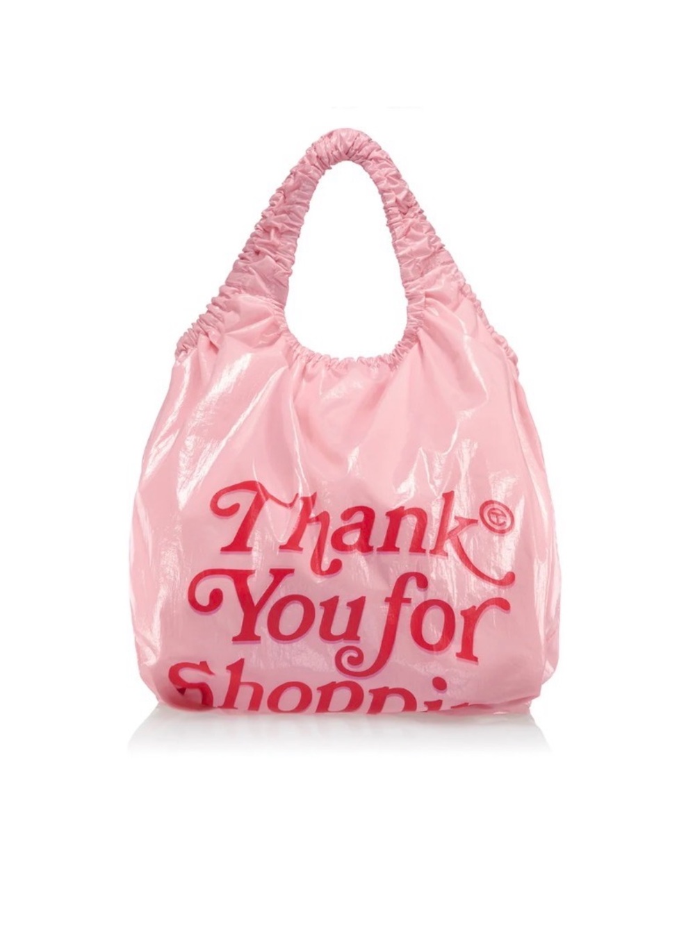 Telfar Pink Glossy Ruched Handle Tote with Red Script